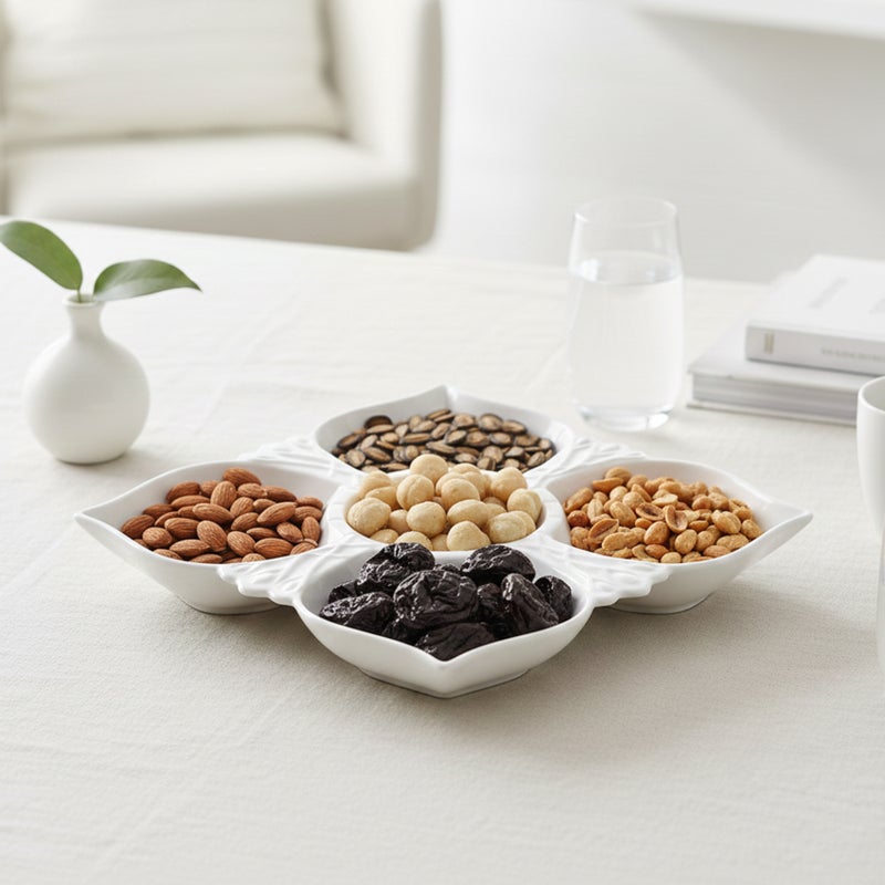 شالو طبق تقديم مسطح من البورسلين بخمسة أقسام - 31 سم، أبيض، مصنوع من البورسلين الصيني الفاخر، مثالي للضيافة الأنيقة والاستخدام اليومي وشهر رمضان وعيد الفطر وعيد ديوالي والمناسبات الاحتفالية. - Image 4